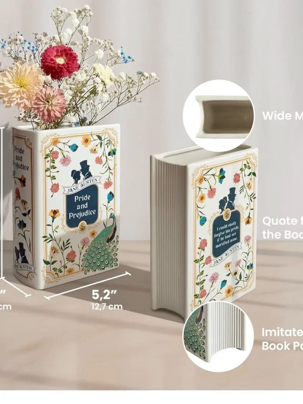 H&H Pride and Prejudice Book Vase for Flowers + Bookmark - Large Ceramic Book Pl